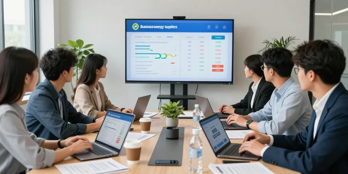 Team analyzing big 6 energy suppliers comparison data in modern office.