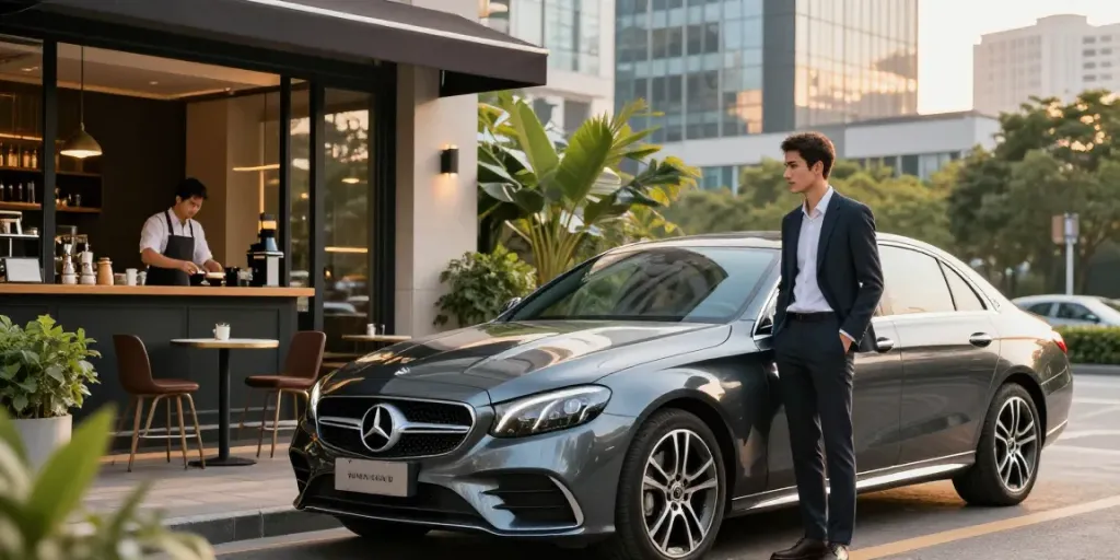 Noleggio lungo termine Mercedes in ambiente urbano con professionista ammirando l'auto.