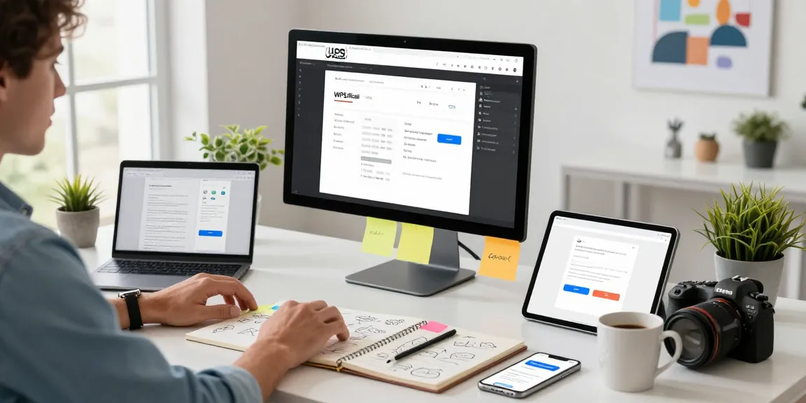 Employee accessing the WPS Official Website in a modern tech workspace, showcasing document editing tools.
