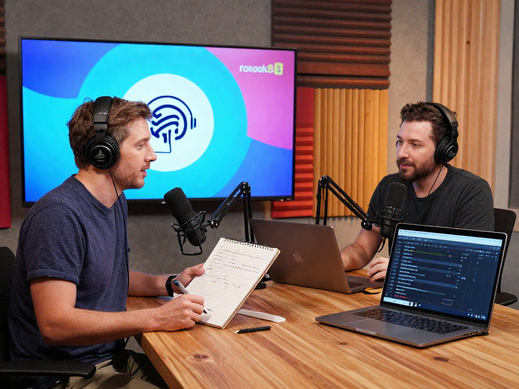 Engaging podcast episode with Brit Morin on rokok88 in a vibrant studio setting, featuring microphones and warm lighting.