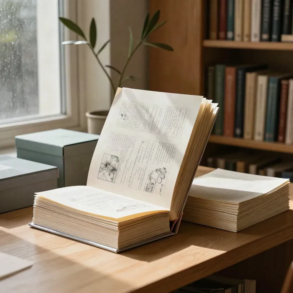 Angolo di biblioteca con fogli puzzle spillati, scatola documenti, pianta alta e luce di pioggia.