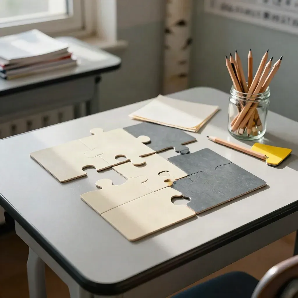Banco scolastico con carte puzzle, tessere alfabetiche, fogli avorio e barattolo di matite