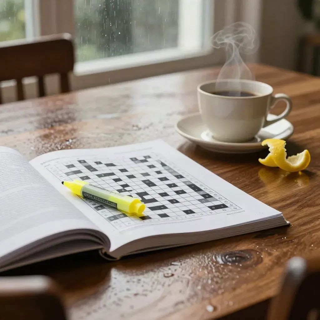 Cruciverba sfocato su tavolo di legno, tazza in ceramica, evidenziatore giallo e scorza di limone.