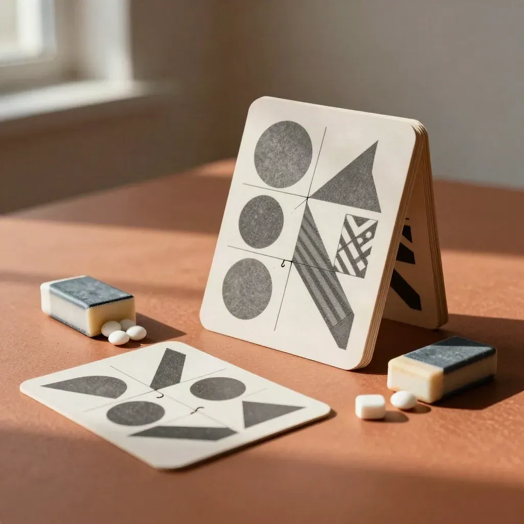 Carte geometriche e gomme su tavolo color terracotta, con ombra di finestra.