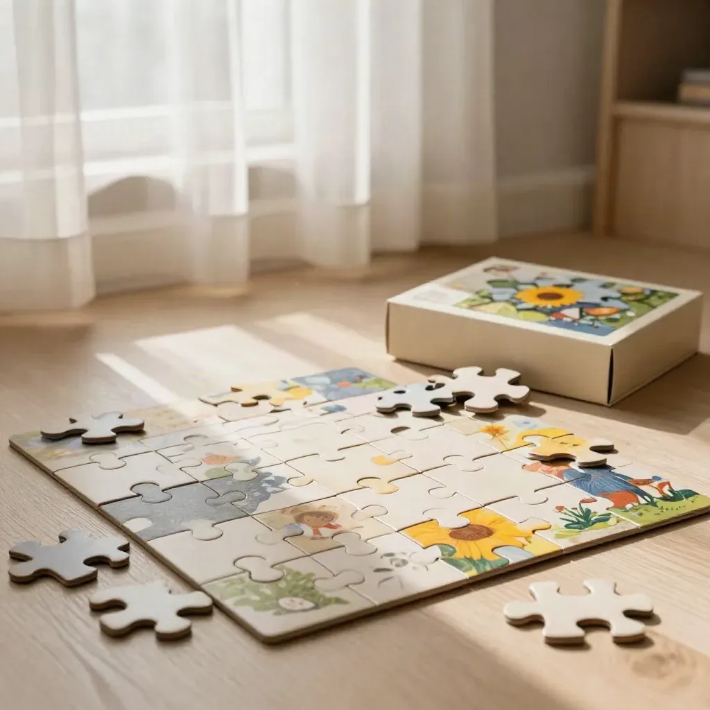 Jigsaw per bambini su tappetino morbido, scatola crema capovolta e luce pomeridiana filtrata dalle tende