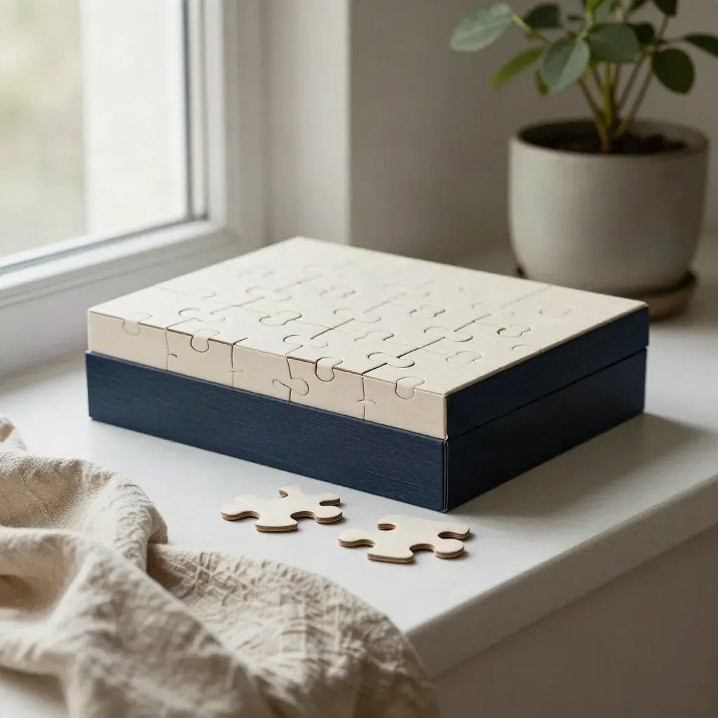 Scatola di puzzle jigsaw, tre pezzi sagomati, lino stropicciato e piantina su credenza chiara.