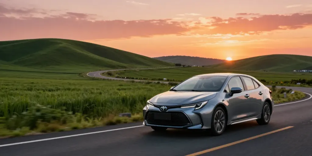 Un'auto Toyota in noleggio lungo termine su una pittoresca autostrada al tramonto, simbolo di avventure senza fine.