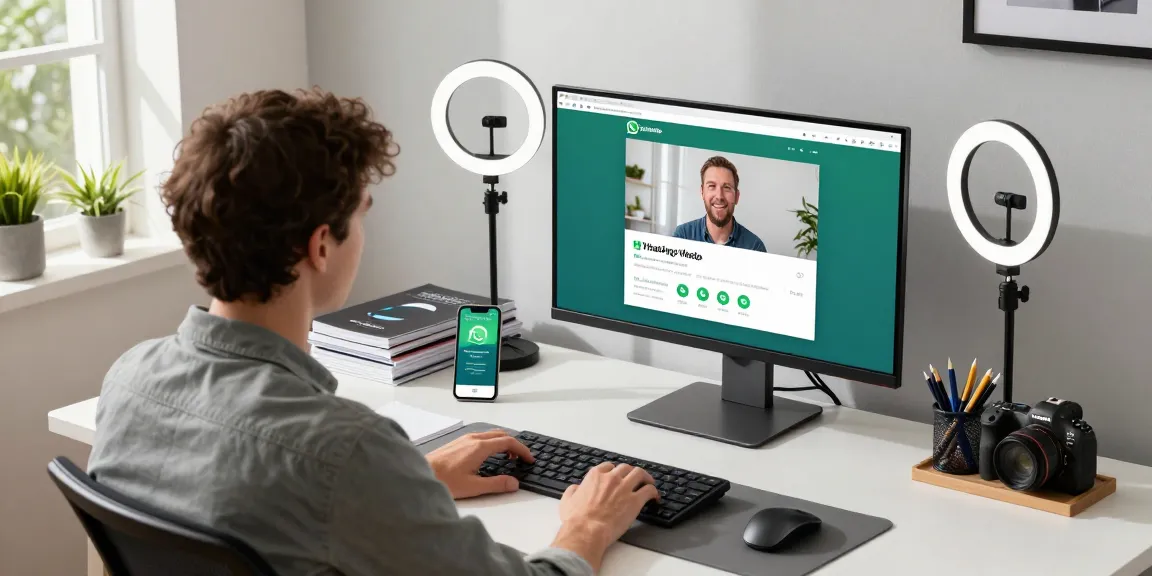 Engaged user utilizing WhatsApp網頁版 on a modern workspace with tech ambiance and clear communication setup.